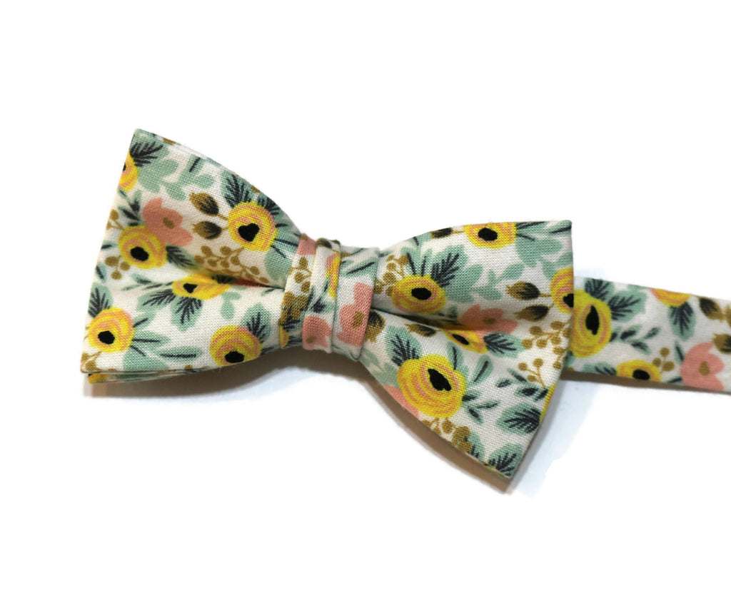 Rosa Floral Bow Tie - Boys handcrafted neckties in vibrant floral design, perfect for boys' weddings and formal occasions.