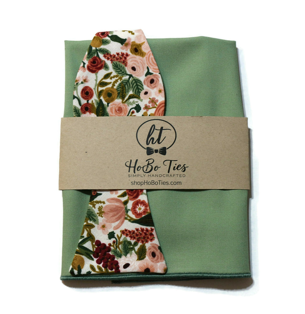 Rose Garden Party Petite Floral Bow Tie with floral design and green fabric, handcrafted necktie for men and boys.