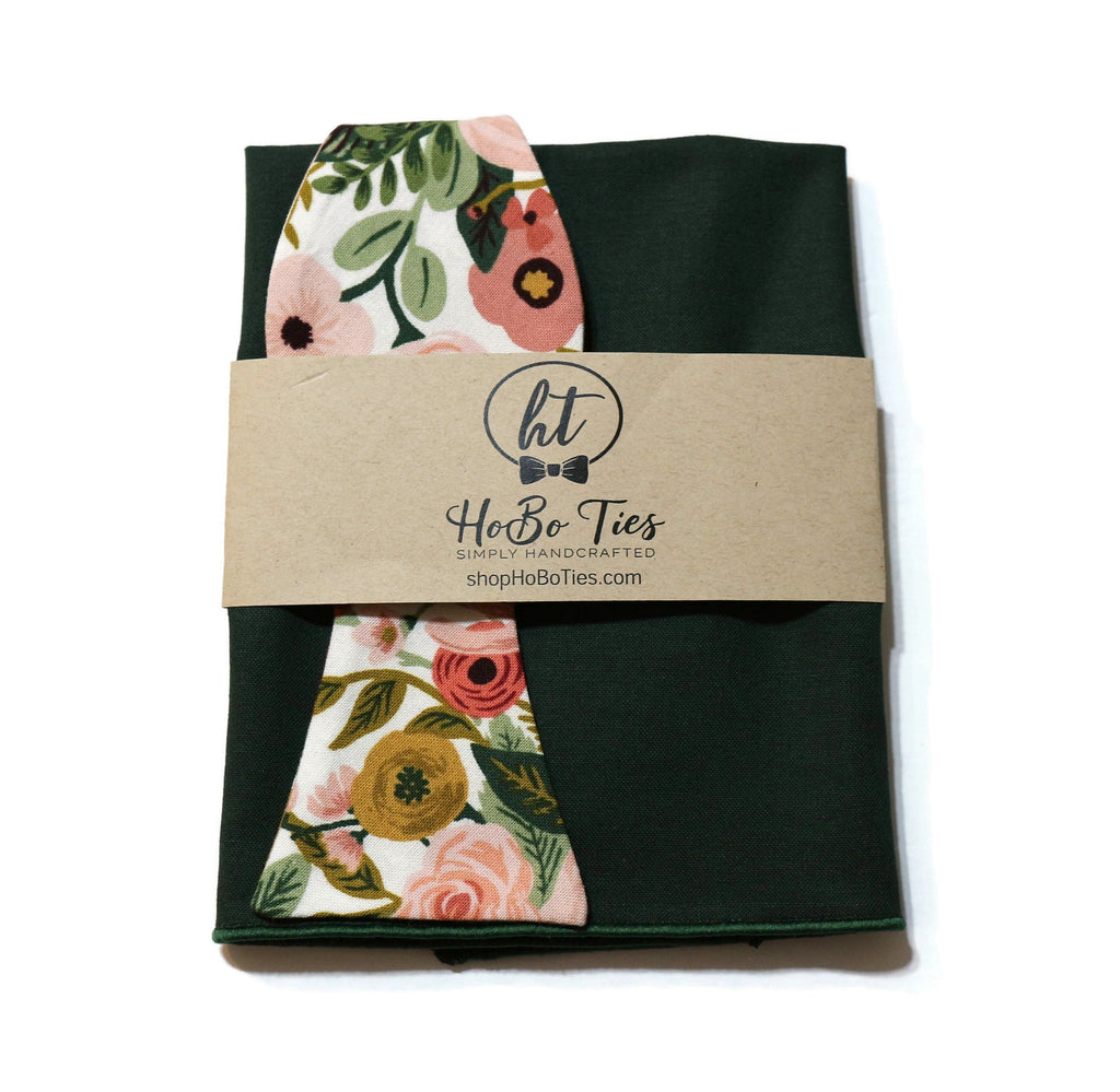 Rose Garden Party Floral Bow Tie showing vibrant floral design and green fabric for handcrafted neckties and men’s accessories.