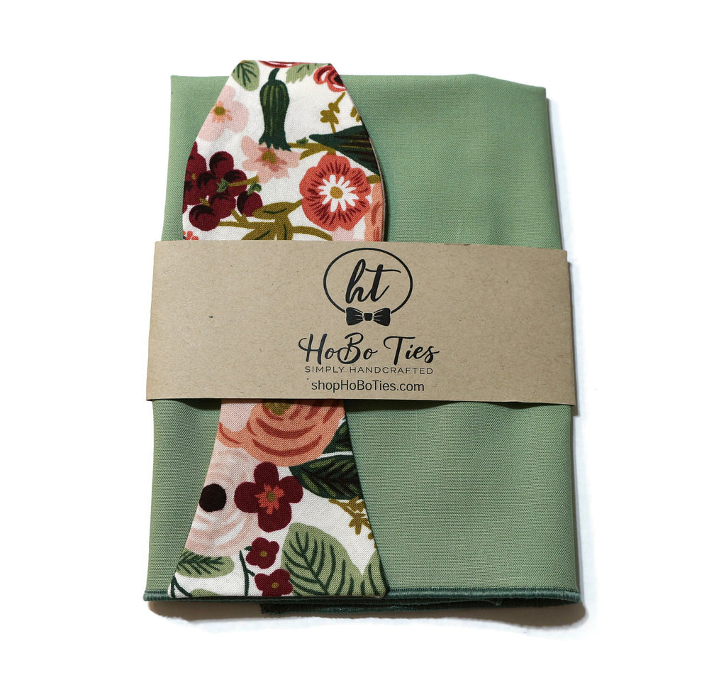 Rose Garden Party Floral Bow Tie with green fabric and floral pattern, handcrafted men's accessories.