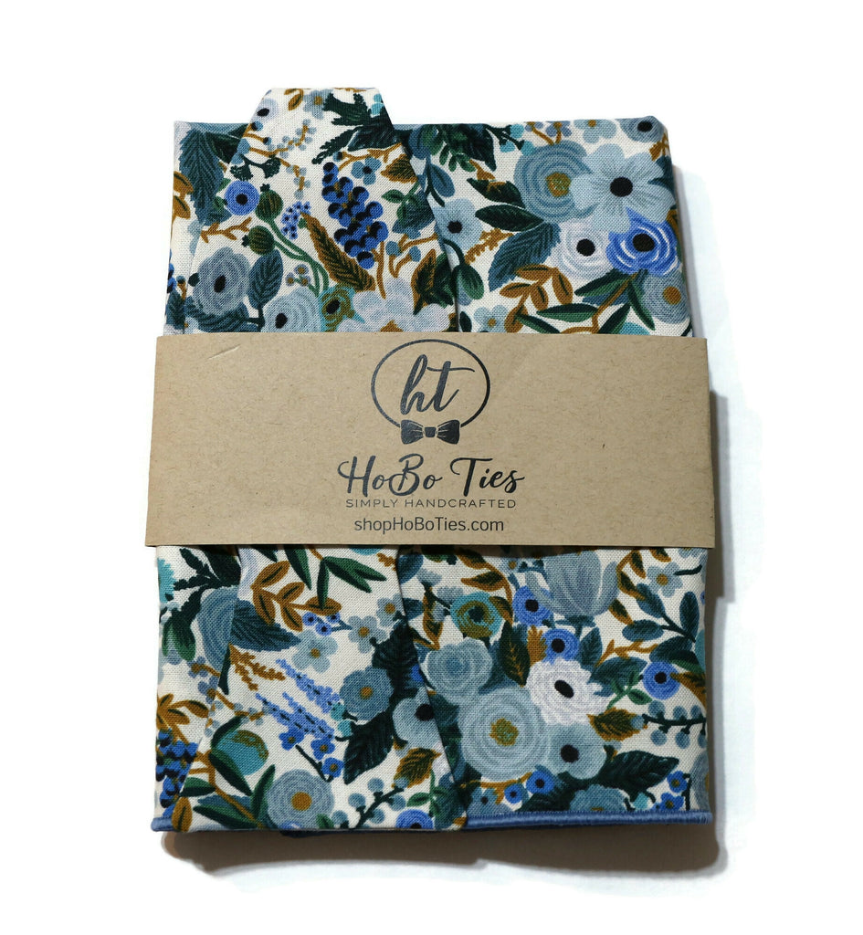 Blue Garden Party Petite Floral Bow Tie by Hobo Ties, handcrafted neckties for men and boys, unique floral design.