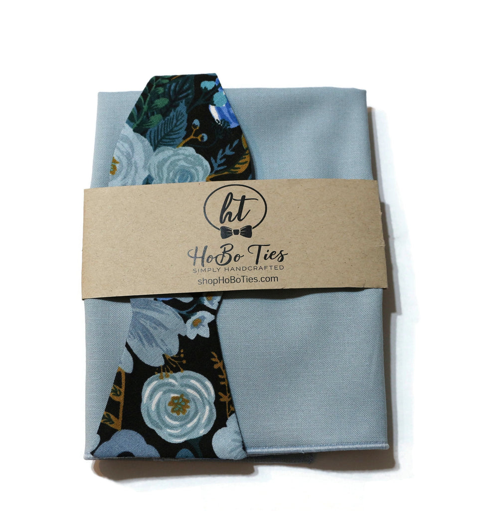 Blue Garden Party Floral Bow Tie with matching pocket square, handcrafted neckties and accessories for men.