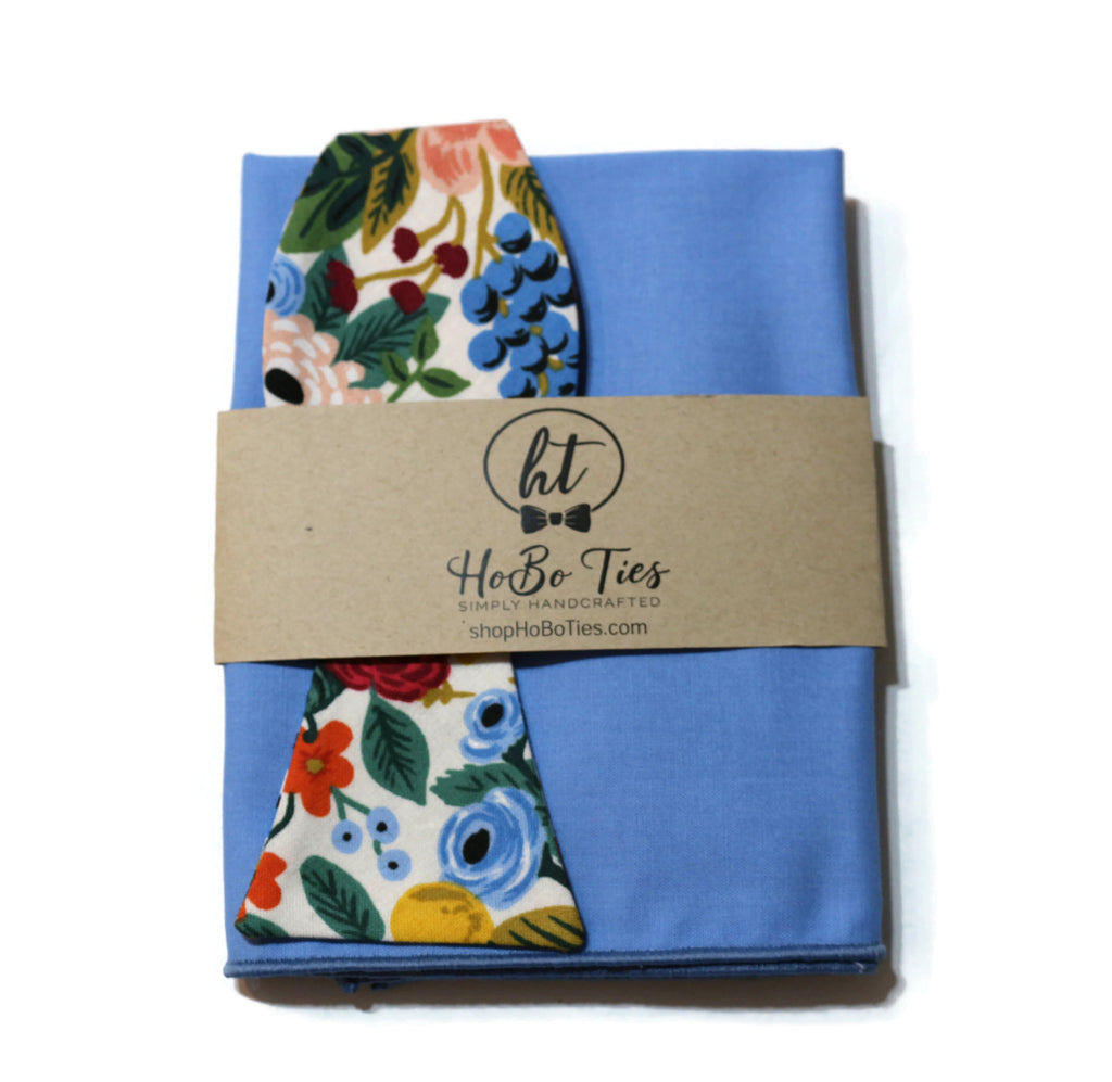 Cream Garden Party Floral Bow Tie with blue fabric and floral pattern, perfect for weddings and formal events.