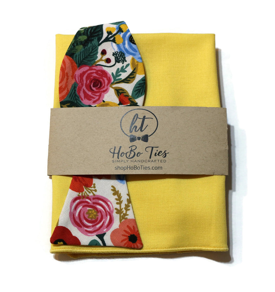 Cream Garden Party Floral Bow Tie with matching yellow pocket square, handcrafted neckties for men and boys.