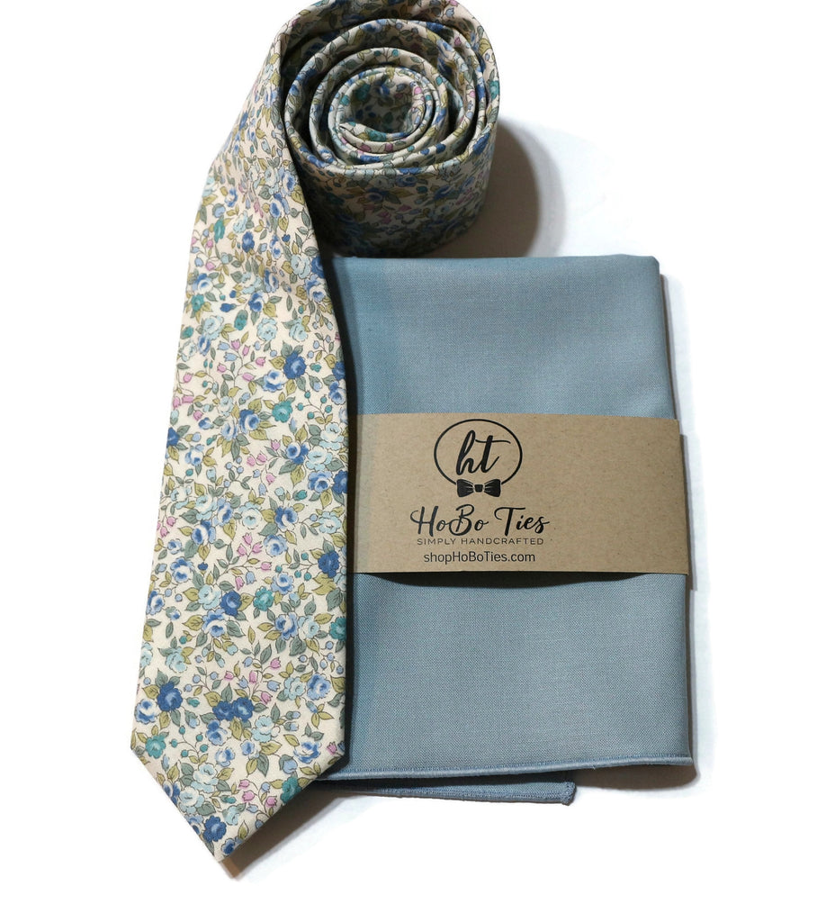 Blue & Sage Floral Necktie with matching pocket square, handcrafted neckties and men’s accessories USA.