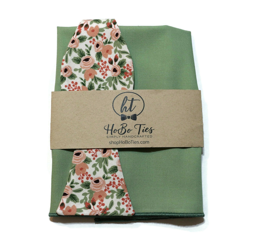 Rose Rosa Floral Bow Tie with green fabric and floral pattern, perfect for handmade bow ties and men's wedding accessories.