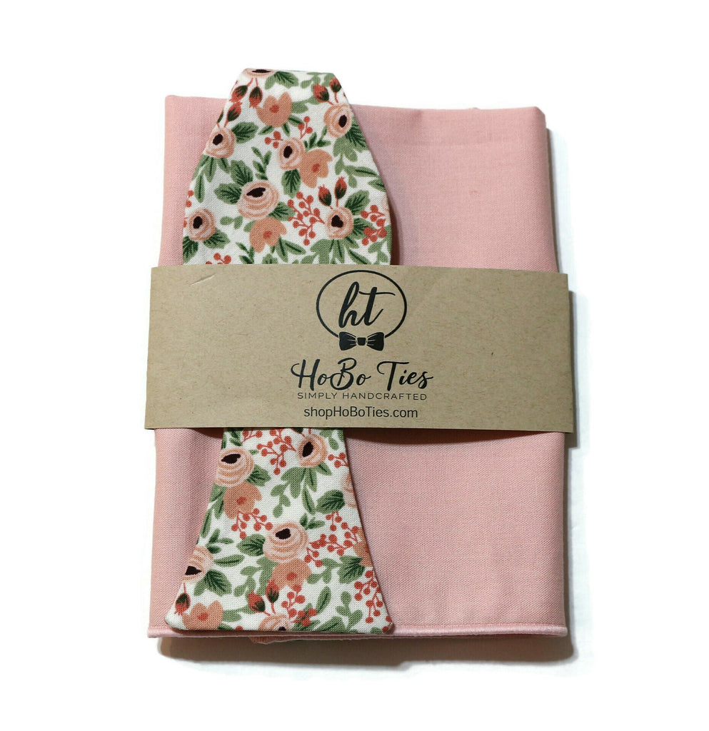 Rose Rosa Floral Bow Tie with matching pocket square, handcrafted neckties for men and boys, unique floral patterns.