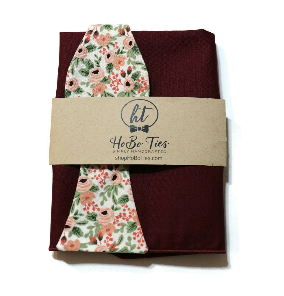 Rose Rosa Floral Bow Tie displayed with matching pocket square, handcrafted neckties and accessories.