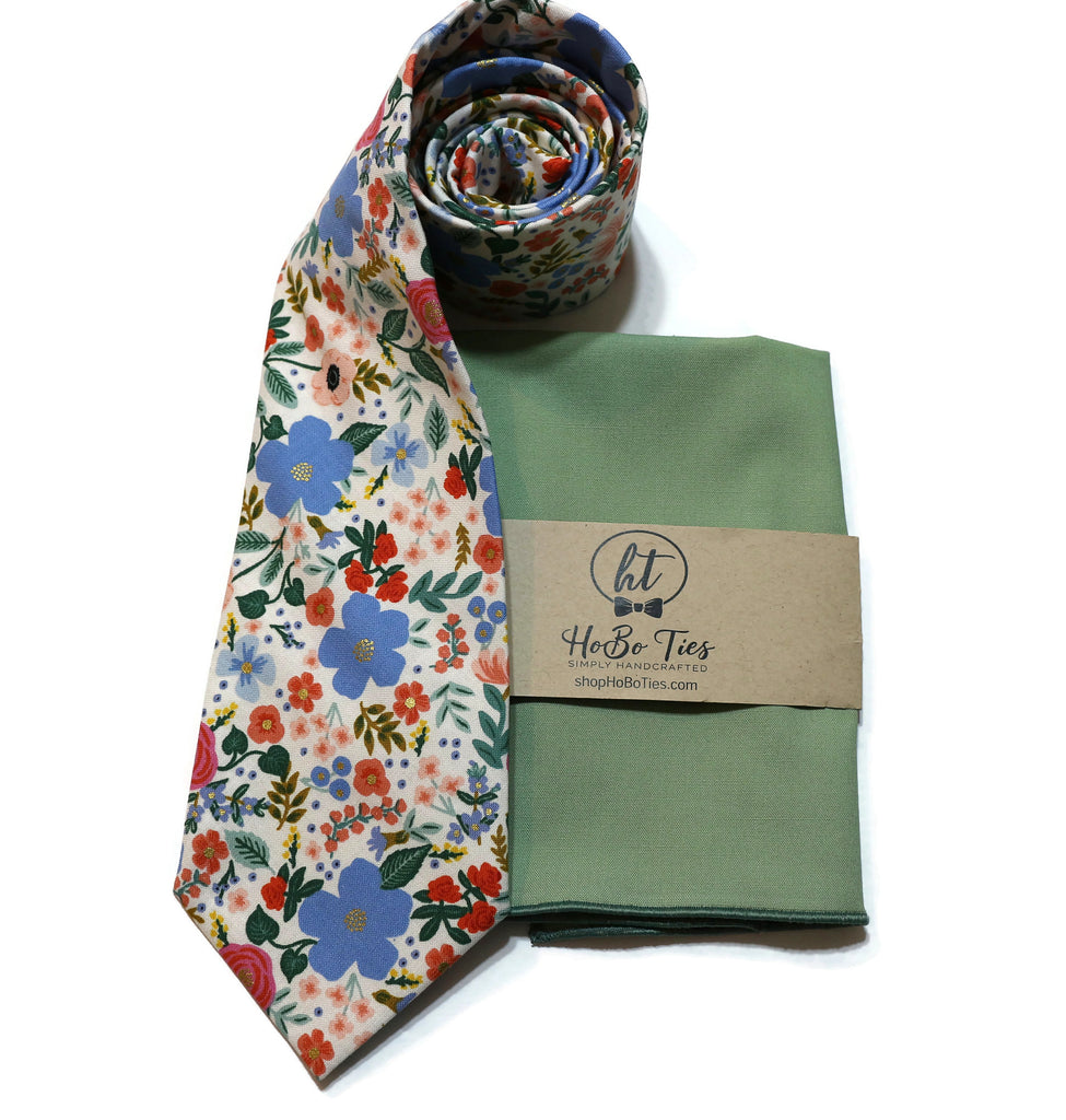 Cream Wild Rose Floral Necktie with matching pocket square, handcrafted neckties for men and boys, unique floral patterns.