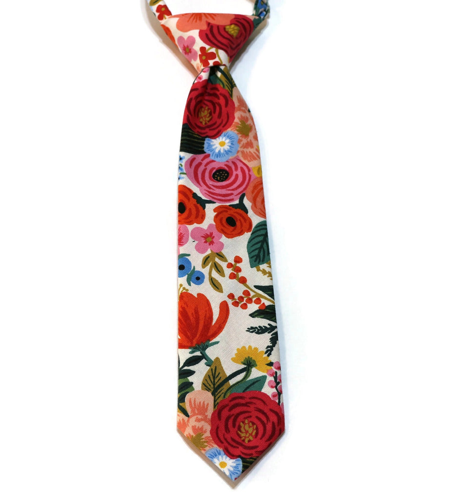 Garden Party Floral Necktie - Boys Pre-Tied, handcrafted neckties with vibrant floral design for formal occasions.