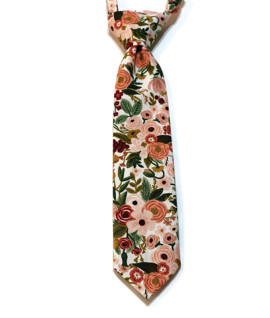 Garden Party Petite Floral Necktie - Boys Pre-Tied, handcrafted neckties for boys, floral pattern tie for formal wear.