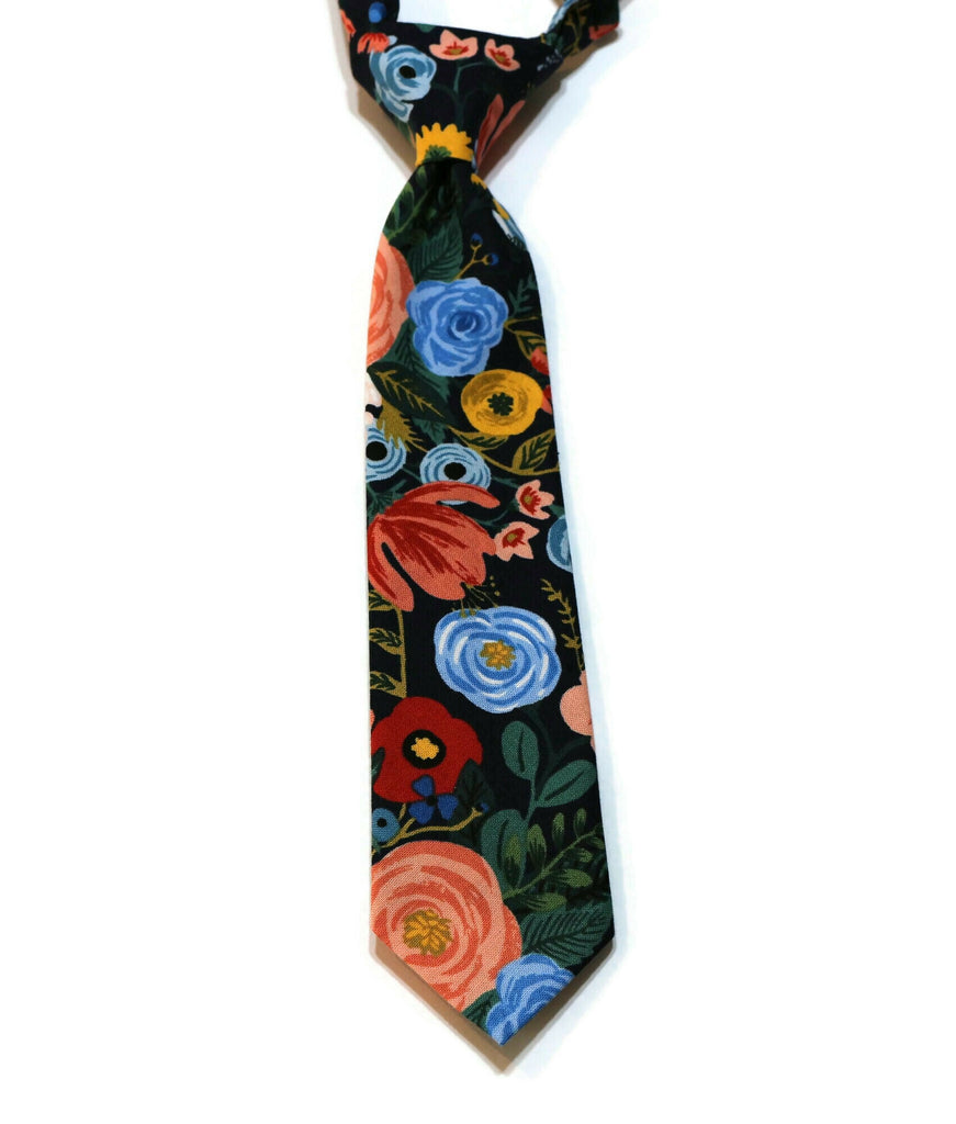Garden Party Floral Necktie - Boys Pre-Tied with colorful floral pattern, ideal for boys' formal wear and special occasions.