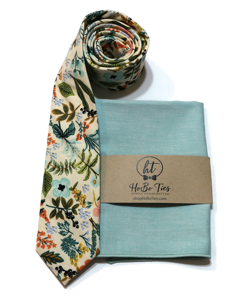 Natural Amalfi Floral Necktie paired with a matching pocket square from Hobo Ties, handmade accessories USA.
