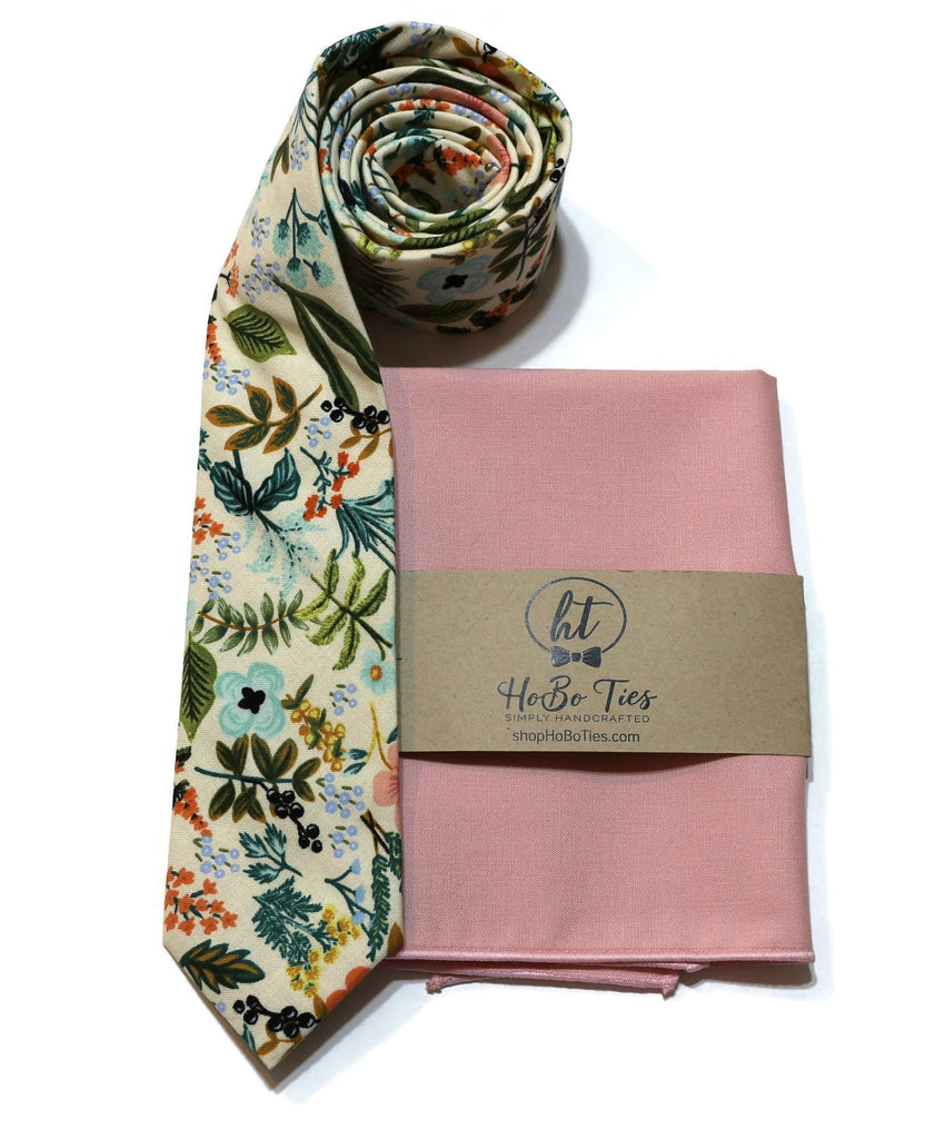 Natural Amalfi Floral Necktie with matching pink pocket square, handcrafted neckties, men’s accessories
