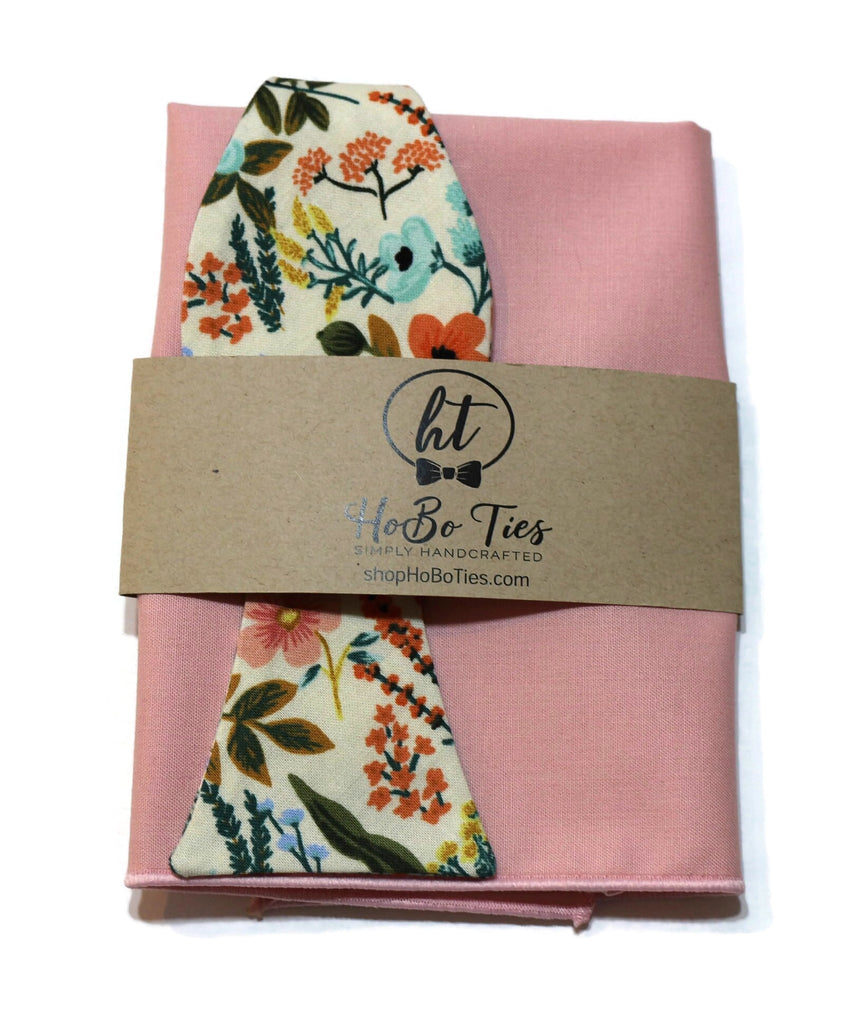 Natural Amalfi Floral Bow Tie with matching pink pocket square, handcrafted neckties for men, unique bow tie patterns.