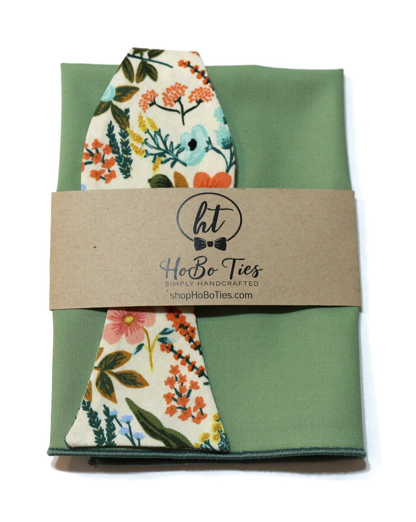 Natural Amalfi Floral Bow Tie with green pocket square folded, handcrafted neckties and accessories for stylish men.
