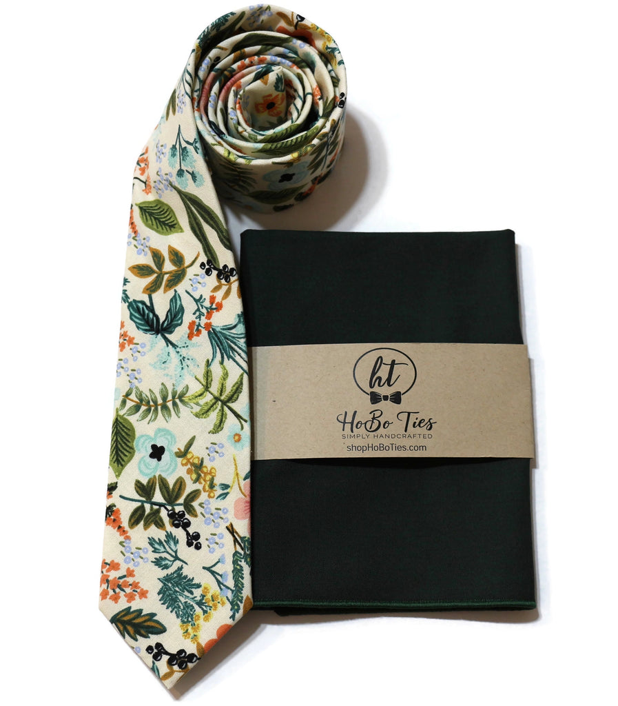 Natural Amalfi Floral Necktie with matching pocket square, handcrafted neckties for weddings and formal wear accessories.