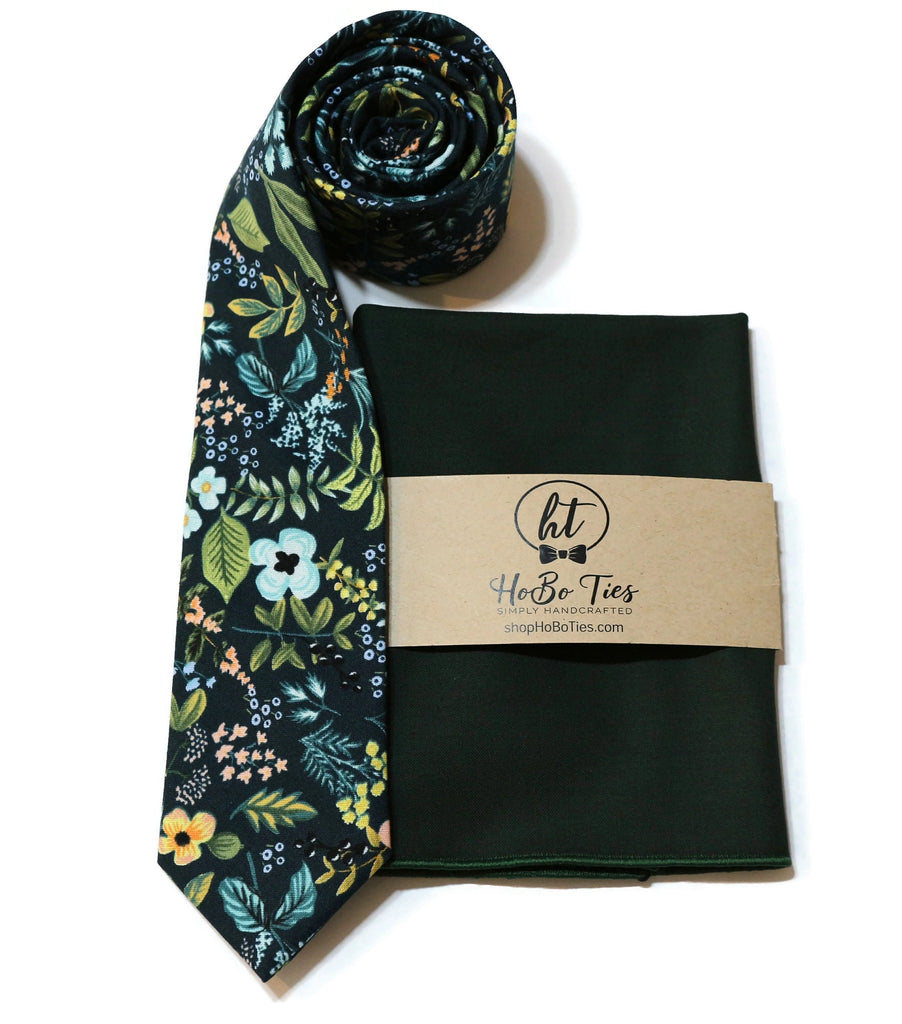 Navy Amalfi Floral Necktie with matching pocket square, handcrafted neckties for men, wedding accessories for men.