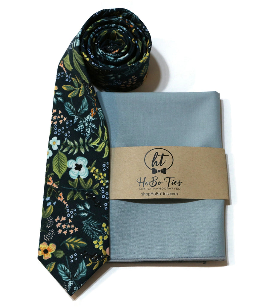 Navy Amalfi Floral Necktie with coordinating pocket square, handcrafted neckties and wedding accessories for men.