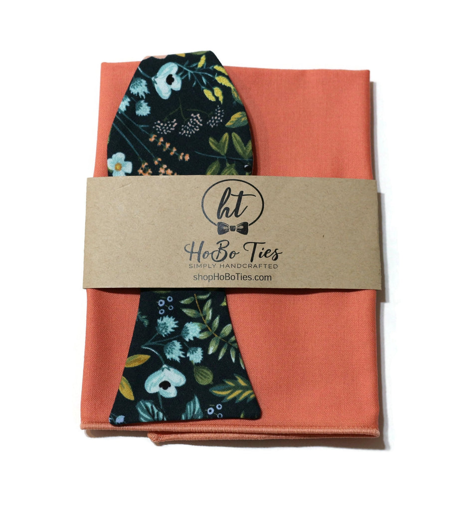 Navy Amalfi Floral Bow Tie with coordinating pocket square, handcrafted neckties and handmade accessories for men.