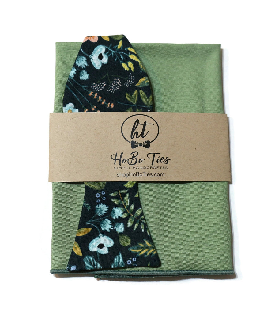 Navy Amalfi Floral Bow Tie displayed with matching pocket square, perfect for weddings and special occasions.