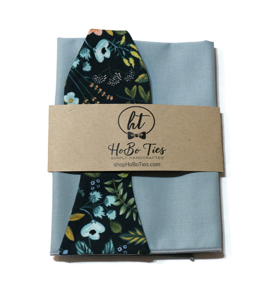Navy Amalfi Floral Bow Tie bundled with a gray pocket square, handcrafted neckties with unique floral patterns.