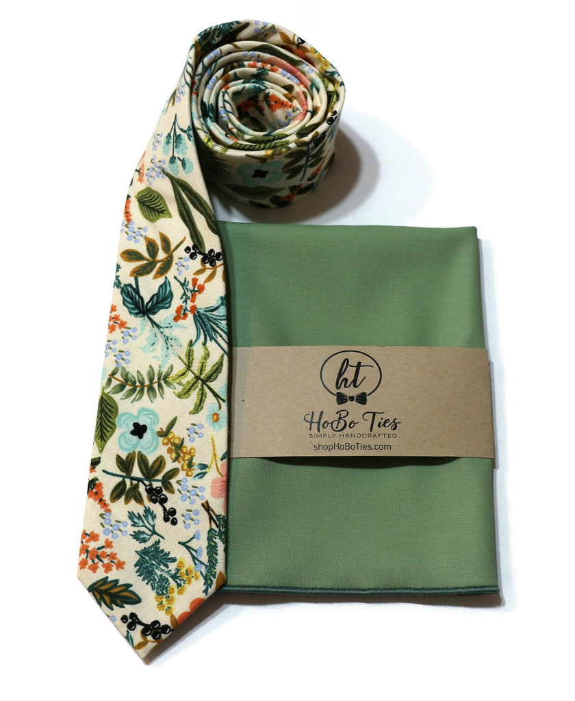 Natural Amalfi Floral Necktie with matching pocket square, handcrafted neckties and wedding accessories for men.