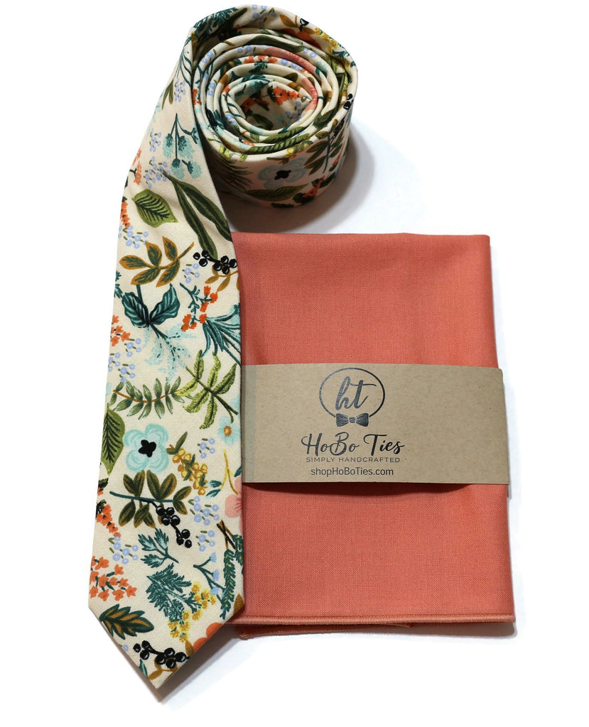 Natural Amalfi Floral Necktie with rose pocket square, perfect for handmade men’s accessories and wedding neckwear set men.