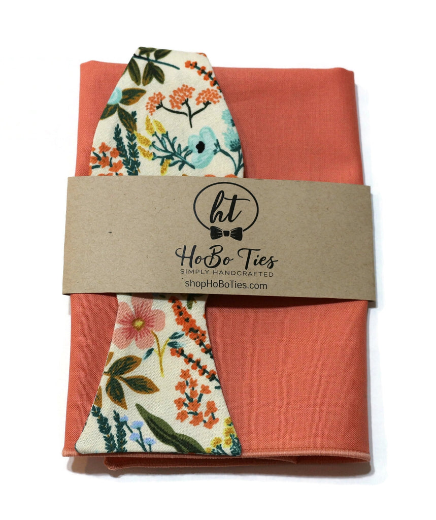 Natural Amalfi Floral Bow Tie with matching pocket square, handcrafted neckties and handmade bow ties for men.