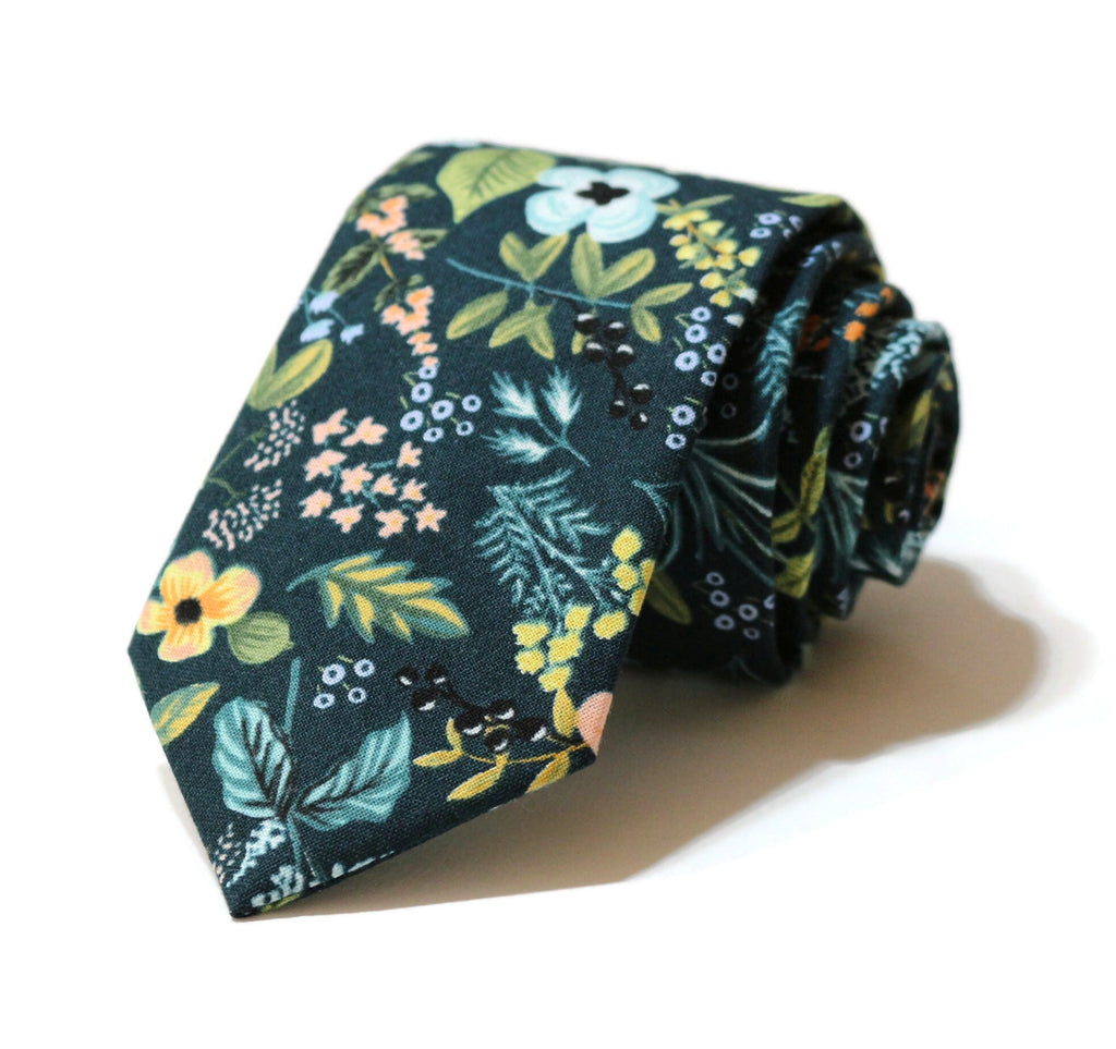 Navy Amalfi Floral Necktie showcasing vibrant floral patterns, handcrafted neckties for men, perfect for formal wear.