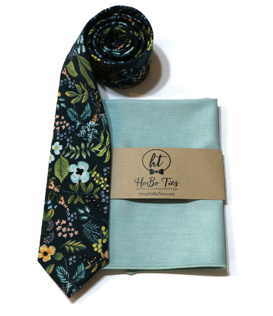 Navy Amalfi Floral Necktie with matching pocket square, handcrafted neckties for men’s formal wear accessories.