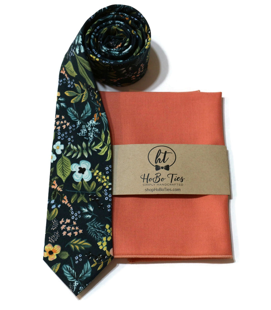 Navy Amalfi Floral Necktie with matching pocket square, handcrafted neckties for stylish men, wedding accessories for men.