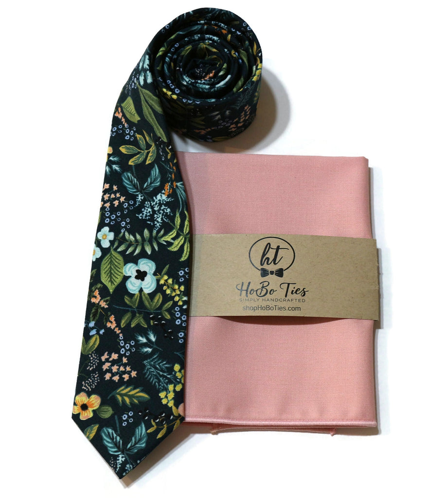 Navy Amalfi Floral Necktie with matching pocket square, handcrafted neckties for men and boys wedding accessories.