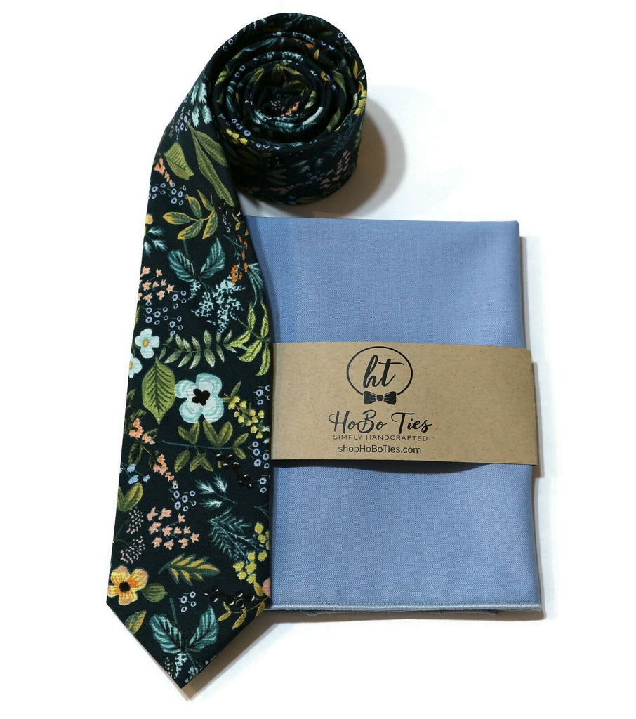 Navy Amalfi Floral Necktie with matching pocket square for men, handmade cotton tie, formal wear accessories men.