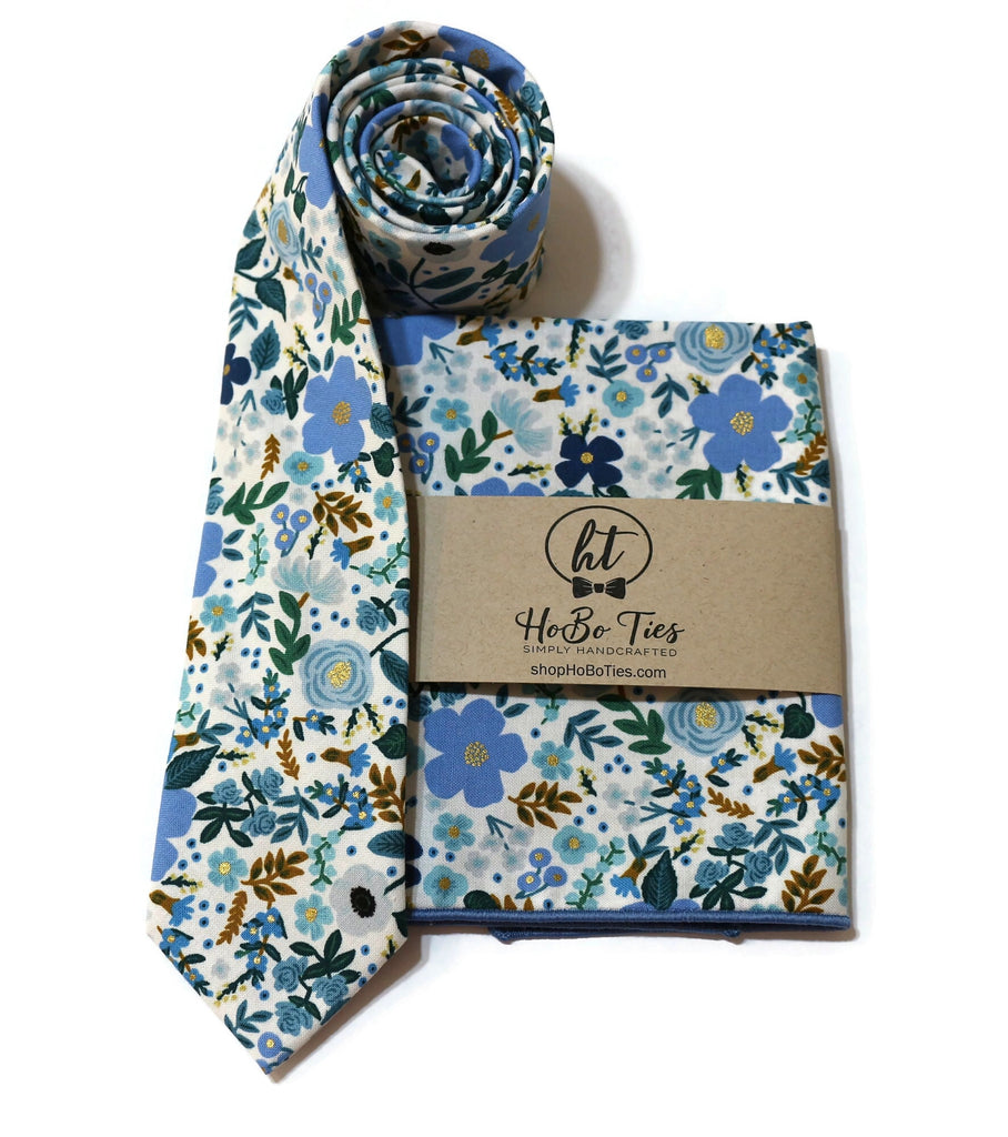 Blue Wild Rose Floral Necktie with matching pocket square, handcrafted neckties for men and boys, floral neckties.