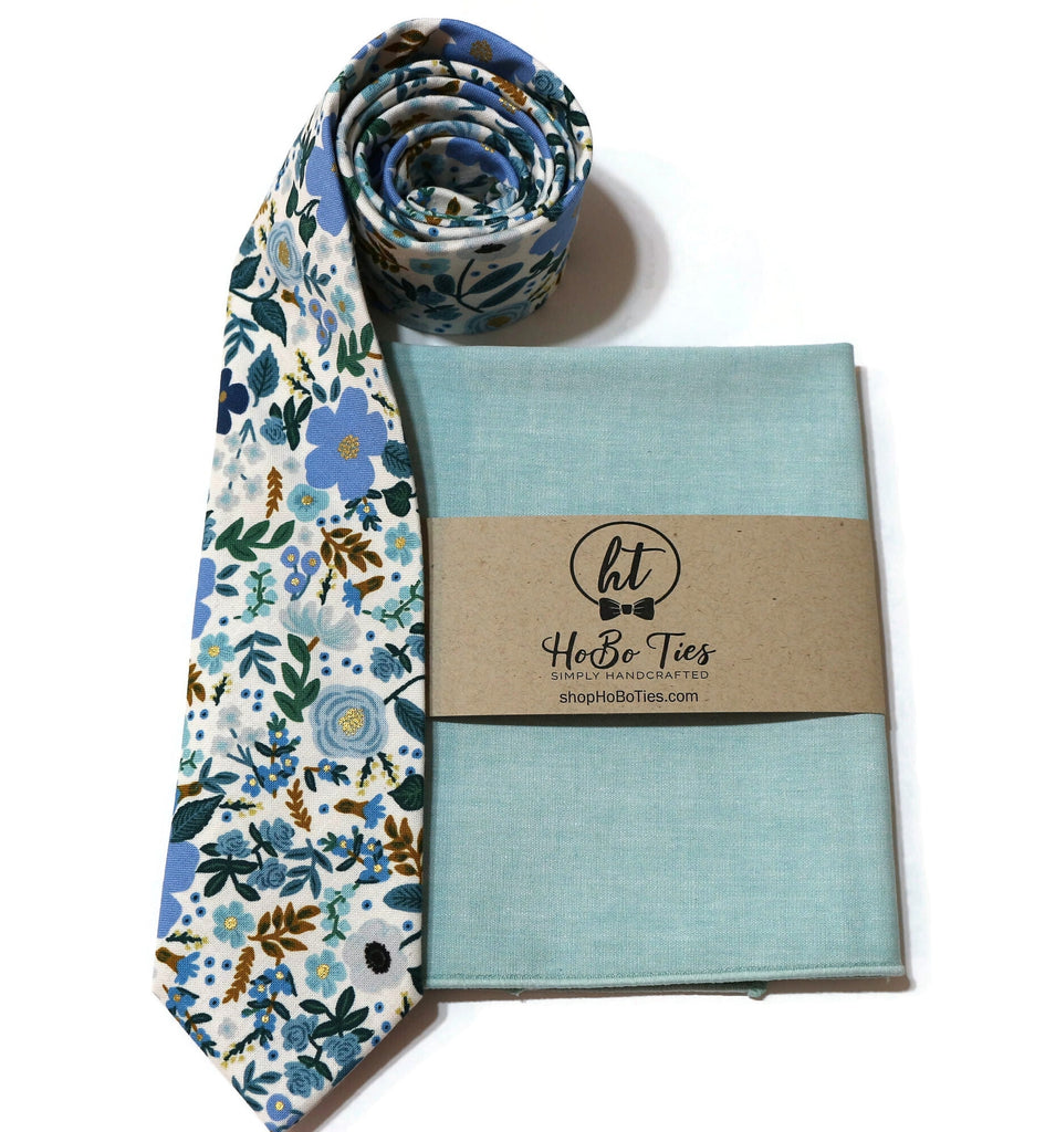 Blue Wild Rose Floral Necktie with matching pocket square, handcrafted neckties for men and boys, floral neckties.