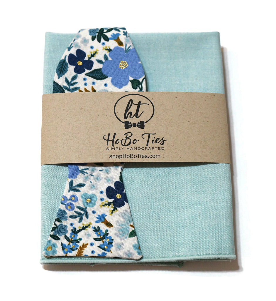 Blue Wild Rose Floral Bow Tie paired with matching pocket square, showcasing handcrafted neckties and accessories.