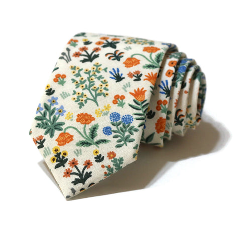 Cream Menagerie Garden Floral Necktie featuring vibrant floral patterns, perfect as handcrafted neckties for men and boys.