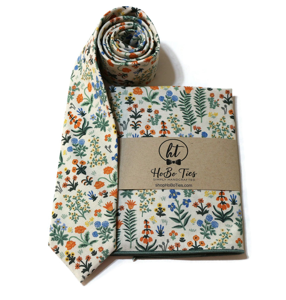 Cream Menagerie Garden Floral Necktie with matching pocket square, handcrafted neckties and handmade accessories.