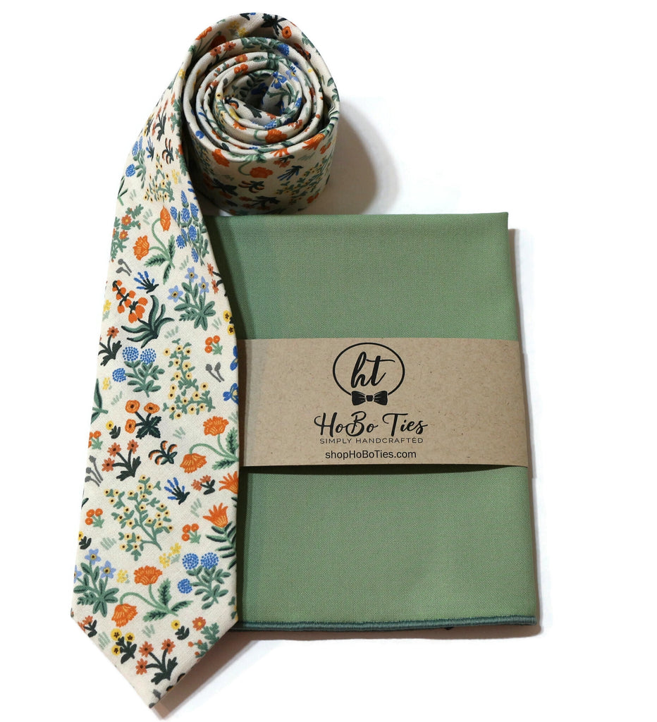 Cream Menagerie Garden Floral Necktie with matching pocket square, handcrafted neckties and accessories for men.