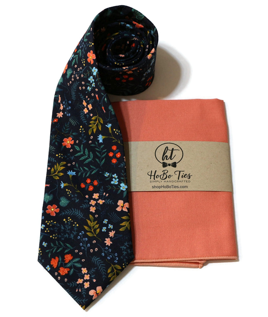 Navy Metallic Wildwood Floral Necktie with matching pocket square, handcrafted neckties and men’s accessories.