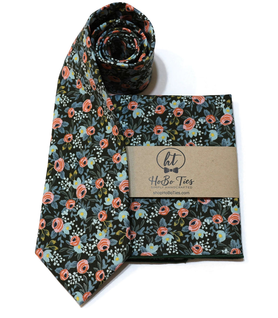 Hunter Rosa Floral Necktie with floral pattern and matching pocket square, handcrafted neckties for men.