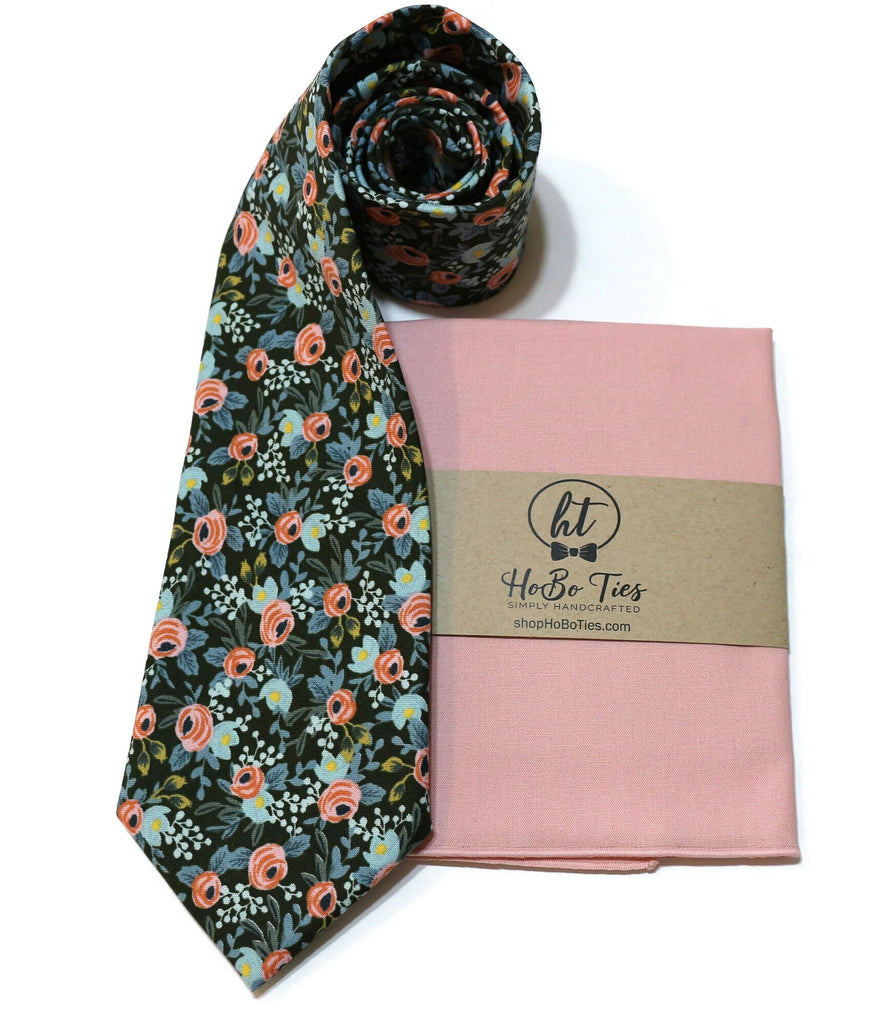 Hunter Rosa Floral Necktie displayed with matching pocket square, showcasing handcrafted neckties and floral patterns.