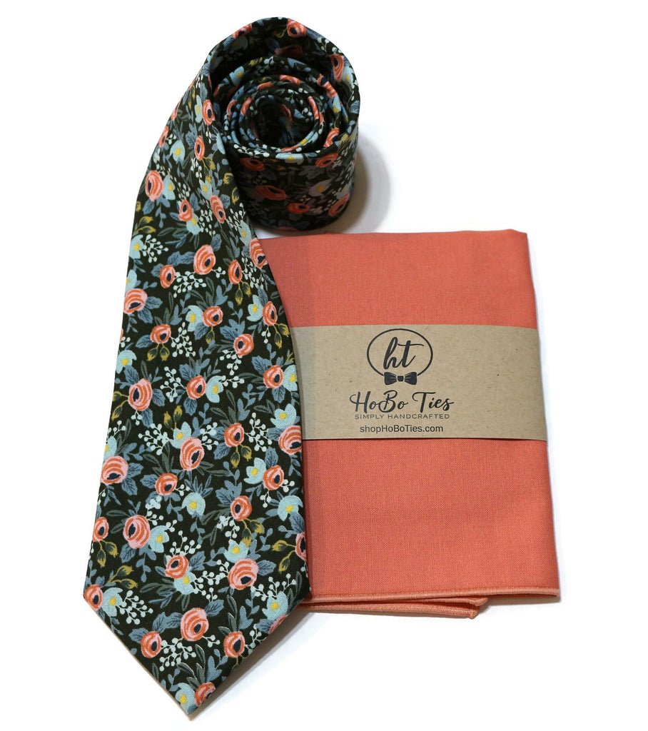 Hunter Rosa Floral Necktie with matching pocket square, handcrafted neckties and formal wear accessories for men.
