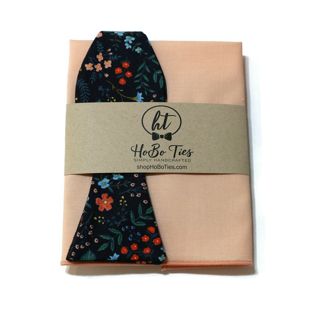 Navy Metallic Wildwood Floral Bow Tie with coordinating pocket square, handcrafted neckties for men and boys.