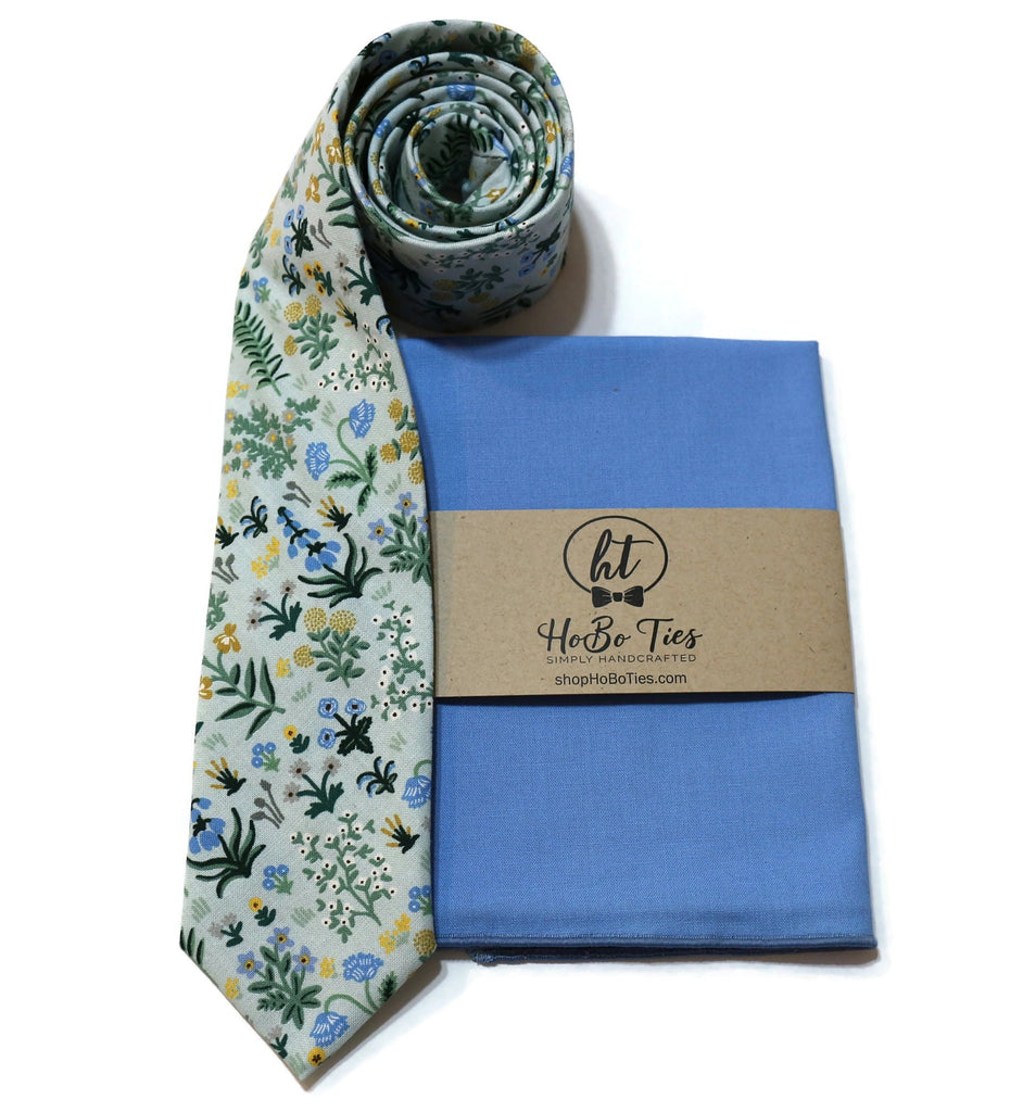 Mint Menagerie Garden Floral Necktie with matching blue pocket square, handcrafted neckties for men.