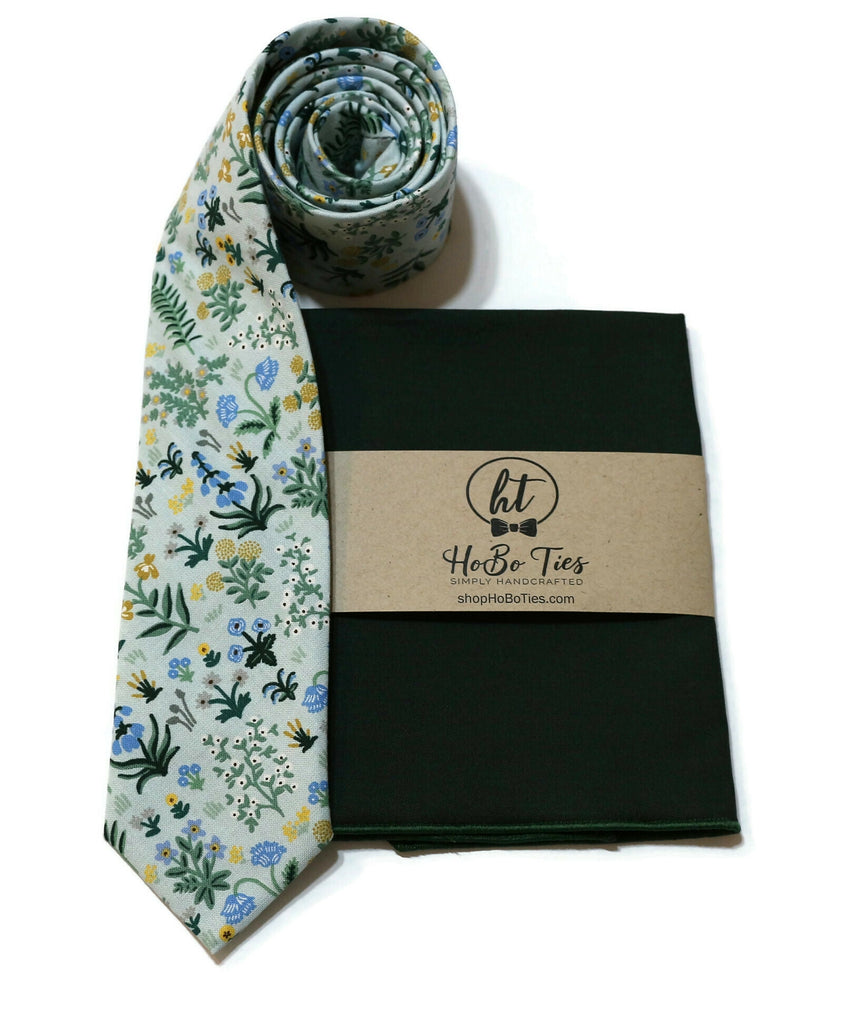 Mint Menagerie Garden Floral Necktie with matching pocket square, handcrafted neckties for men.