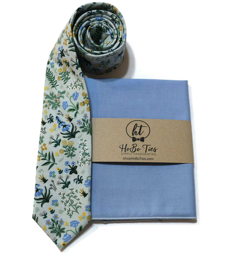 Mint Menagerie Garden Floral Necktie with matching pocket square, handcrafted neckties for men and boys.