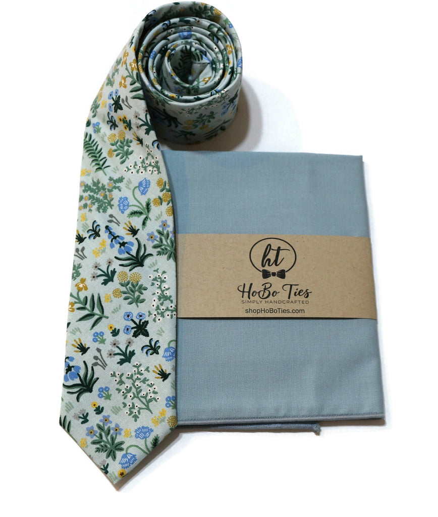Mint Menagerie Garden Floral Necktie with matching pocket square, handcrafted neckties and accessories for men.