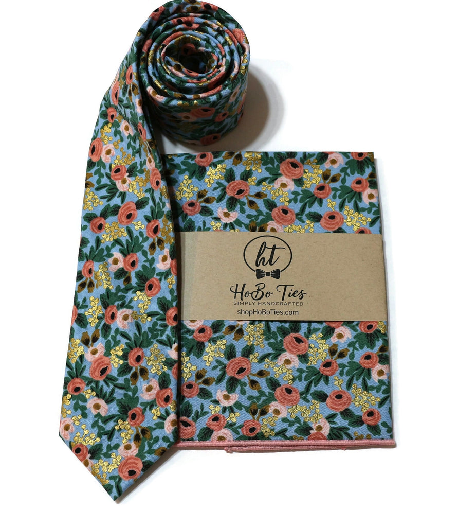 Chambray Metallic Rosa Floral Necktie with coordinating pocket square for men’s formal wear accessories.